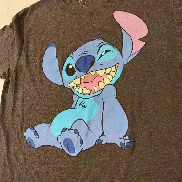 Disney Lilo & Stitch Gray Graphic T Shirt Stitch Winking Adult Size Large - Picture 2 of 4